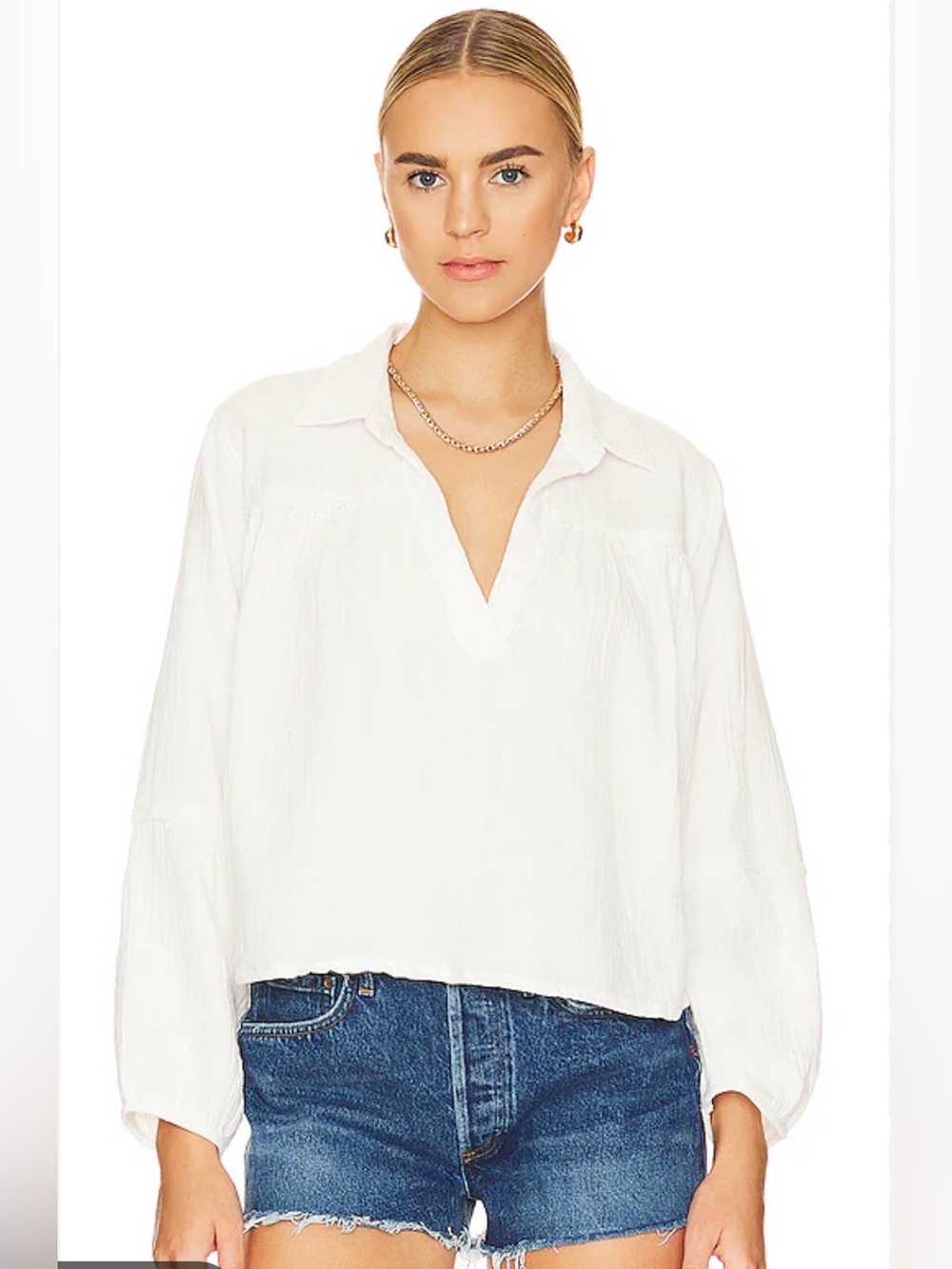 We The Free Optic White V-Neck Long Sleeve Gauze Flowy Peasant Blouse (Large)